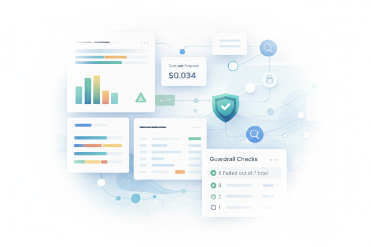 LLMOps Dashboard mit Cost per Request, Guardrail Checks und Quality Metrics